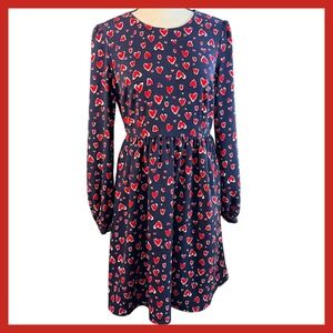 POPSUGAR Navy Blue Red Heart‎ Print Long Sleeve Mini Dress XS